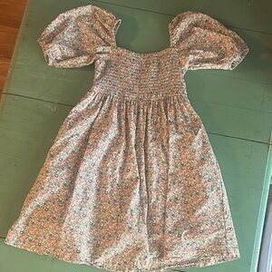 Girls Pink Floral Smocked Puff-Sleeve Casual Dress